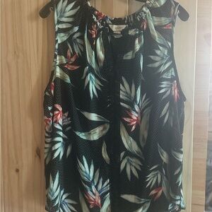 CJ Banks Green Sleeveless Blouse with Tropical Print